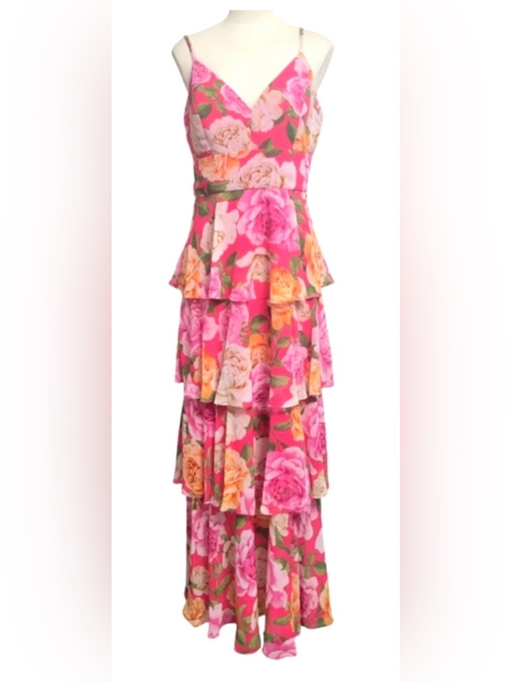 Eliza J Pink Floral Tiered Maxi Dress with Spaghetti Straps
